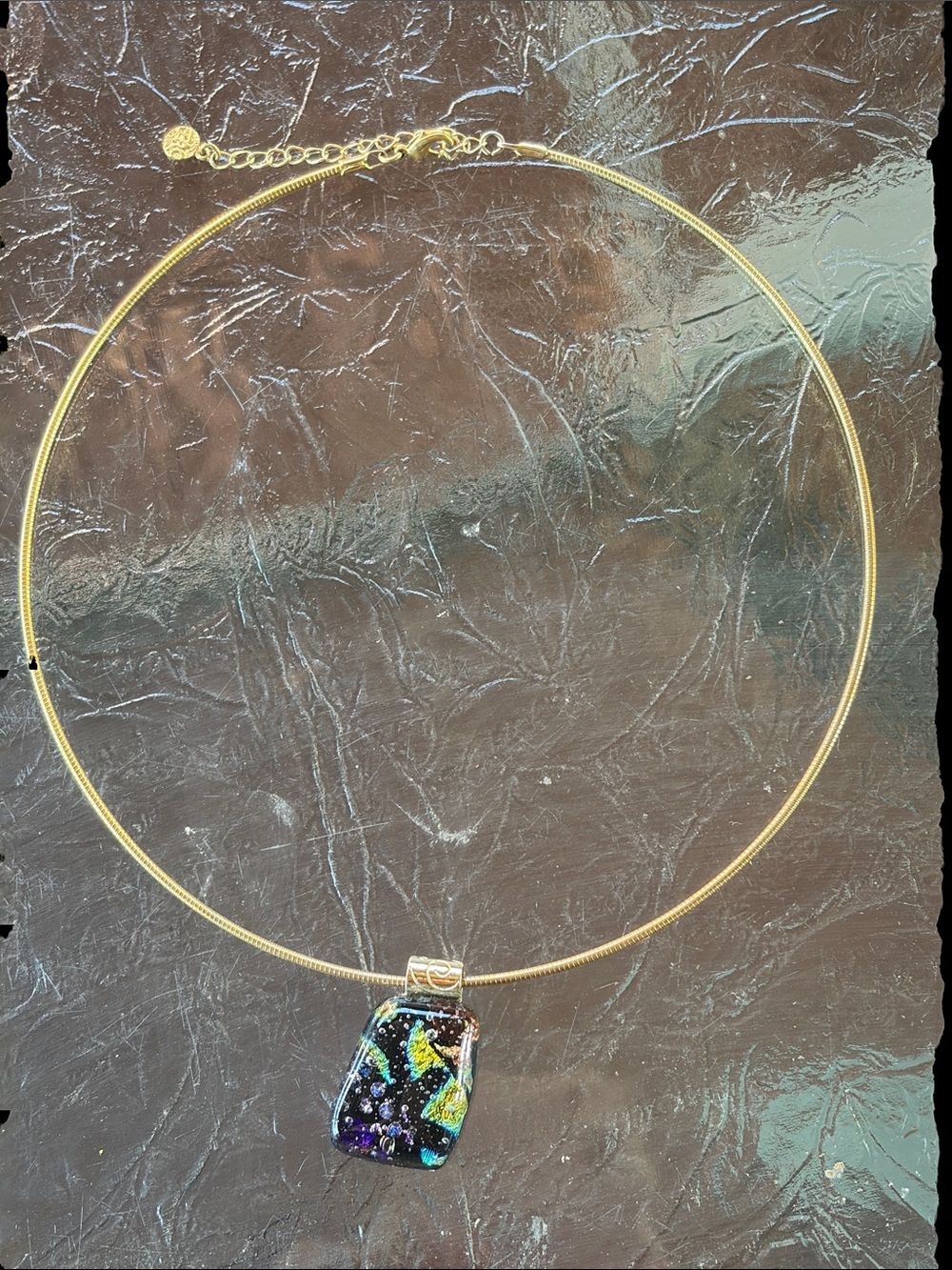 Gold Choker Necklace with Multicolor Dichroic Glass Pendant